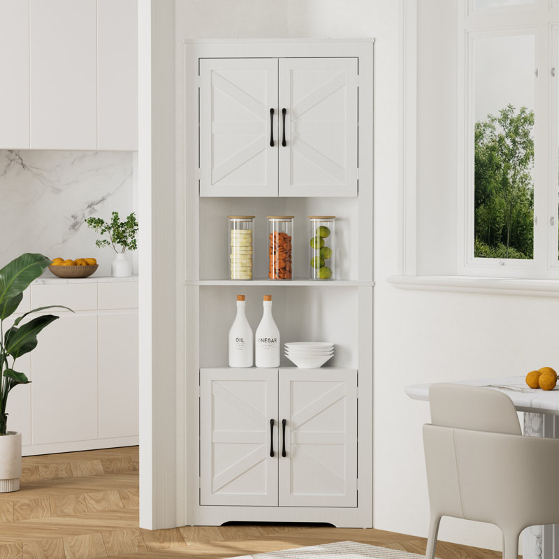 Farmhouse Corner Storage Cabinet, 6-Tier Tall Storage with Barn Door & Shelves, Bathroom Cabinet, White
