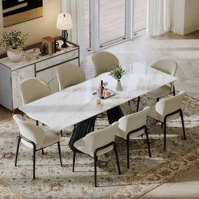 63-94.5" Modern Extend Dining Table for 4-10, Glossy White Table top, Black Carbon Steel Legs