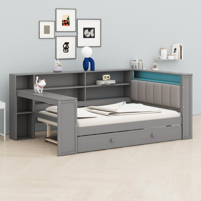 All-In-One Platform Bed With Upholstered Headboard And Convenient Features, Gray