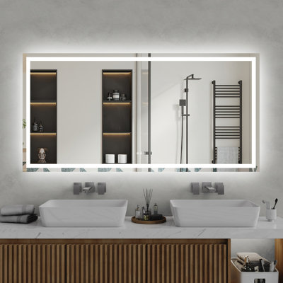 Miroir de salle de bain 72 po x 36 po à DEL avec anti-buée, 3 températures de couleur, gradation continue, mémoire, verre trempé et imperméable IP44