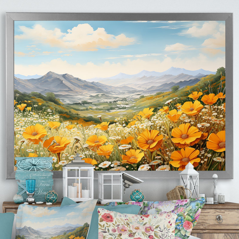 Jaune souci dans un paysage de montagne I - impression, Cadre simple argenté, H 34 po x l 44 po x P 1,5 po