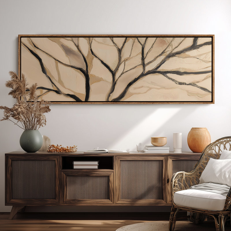 Motif de branche d'arbre doré sur toile texturée pour impression d'art de salle à manger, H 20 po x l 60 po, Naturel
