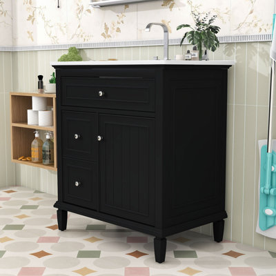 Meuble-lavabo autoportant élégant avec lavabo en céramique, rangement réglable et tiroir basculant