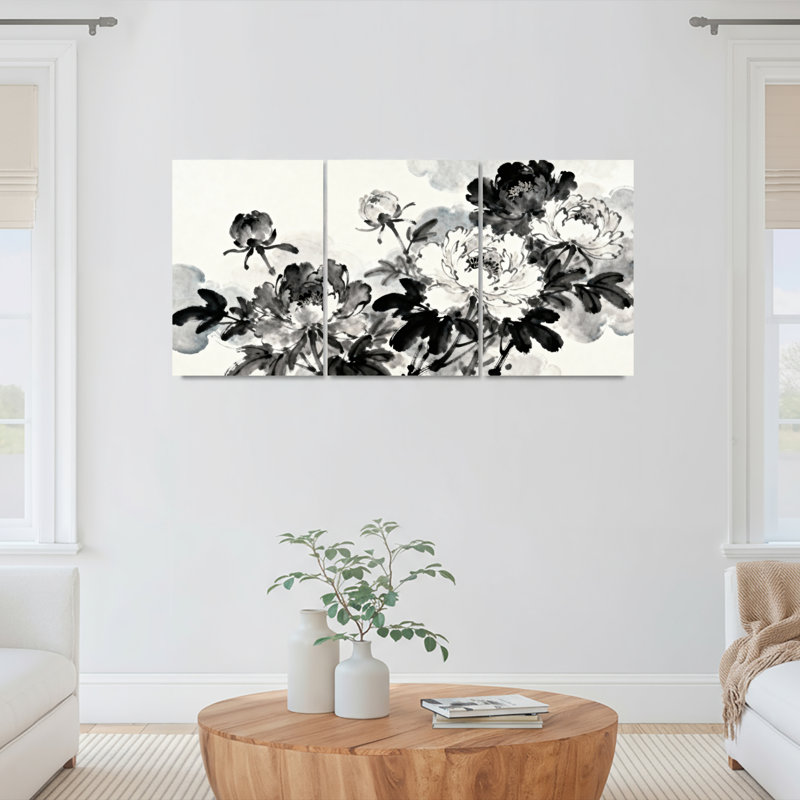 «Black and White Peony», reproduction d'art sur toile tendue à l'encre de Chine, ensemble de 3 reproductions d'art