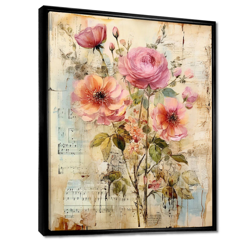 Rose rose, collage musical rétro - roses, art mural, H 32 po x l 24 po x P 1 po, Toile avec cadre flottant noir