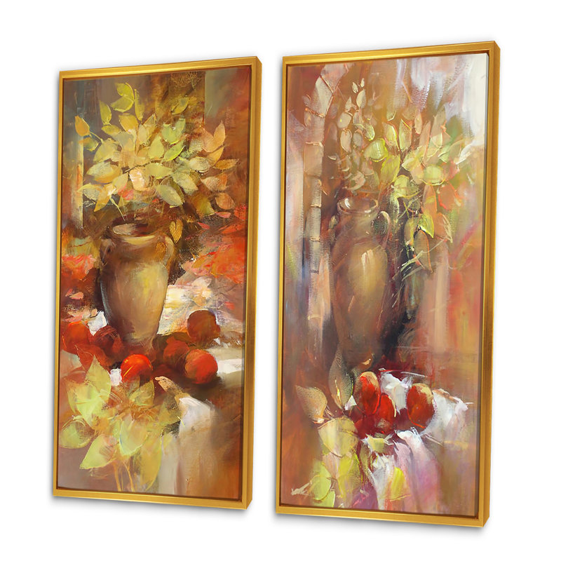 «Still Life Farmhouse Flowers and Fruits III», ensemble de 2 peintures sur toiles, H 32 po x l 32 po x P 1 po
