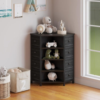 Commode d'angle 8 tiroirs avec tiroirs en tissu et tablettes ouvertes pour petits espaces, chambre à coucher, vestibule, salon (veines de bois noir)