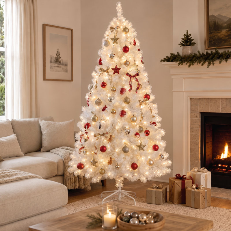 Arbre de Noël artificiel blanc 6 pi avec lumières DEL pré-installées, 6, Blanc