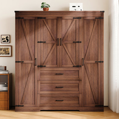 Farmhouse 4-door Wooden Armoire Wardrobe Closet With 3 Drawers, Wardrobe Closet With Hanging Rod And Shelves Tall Clothes Storage Cabinet For Bedroom