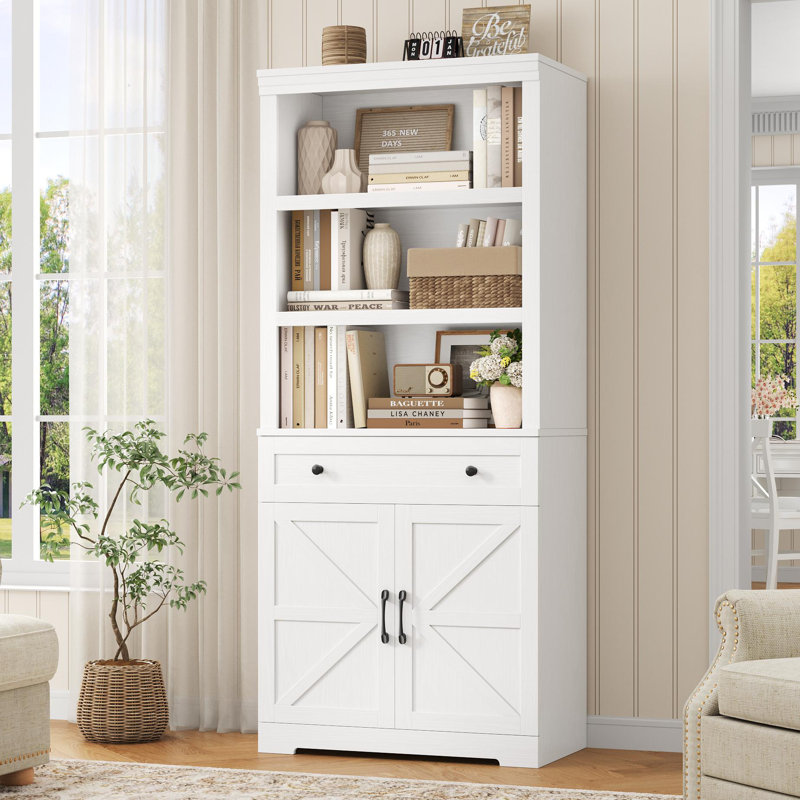 72"H 30"W Standard Bookcase with Open Bookshelves and Drawer, Farmhouse Bookshelf with Storage, Floor Standing 6 Shelf Display Storage Cabinet