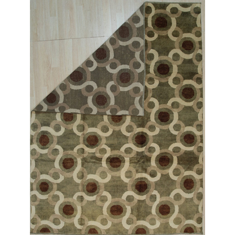 9x12 Green Hand-Knotted Wool Orbiting Concentrics Geometric Modern Contemporary Carpet Rug