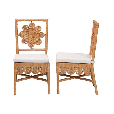 Bali & Pari Abagale Natural Rattan 2-Piece Dining Chair Set - Handwoven Wicker Accent Side Chair With Floral Back And Removable Cushion, Artisanal Seating For Kitchen Or Dining Room