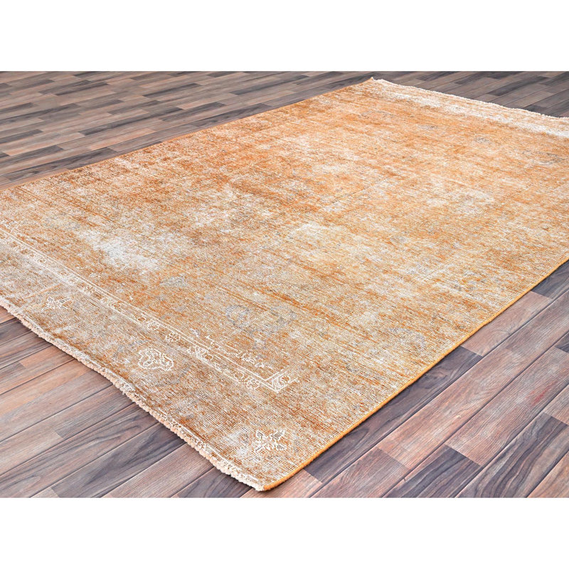 6'1"x9' Orange Overdyed Old Persian Tabriz Distressed Hand Knotted Worn Down Wool Rug CB49494B4A6F4CDFAD4F7014DCA44CF8