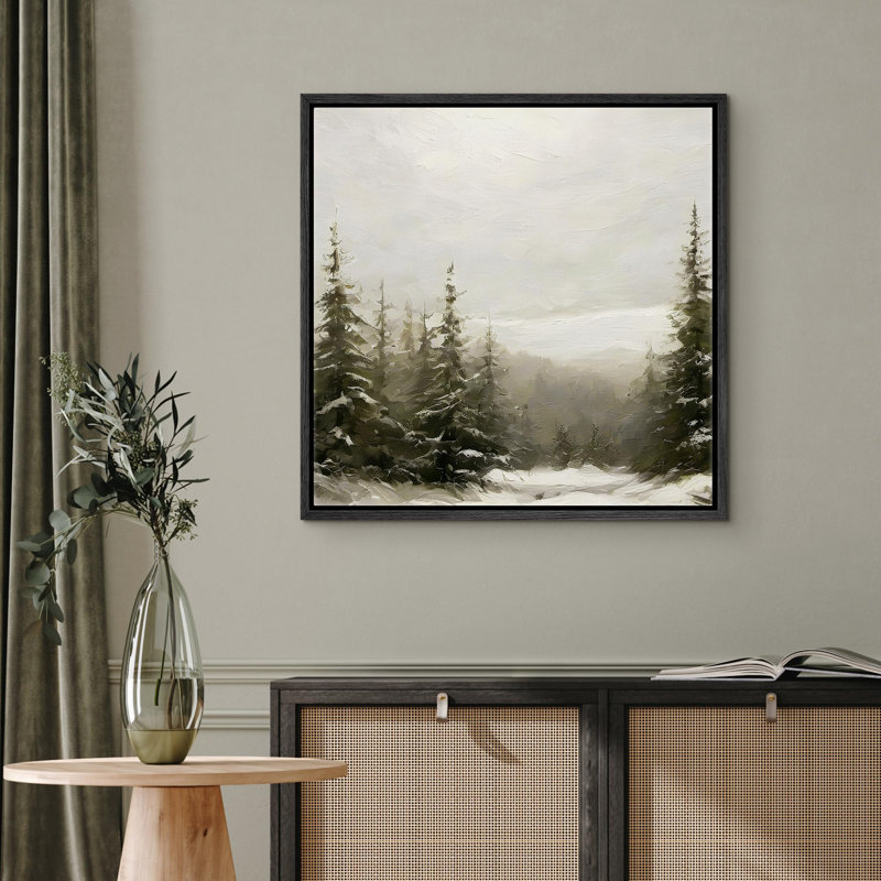 «Vintage Winter Whisper: Snow-Couvertes Pine Landscape Landscape Rustic French Country», H 16 po x l 16 po, Noir
