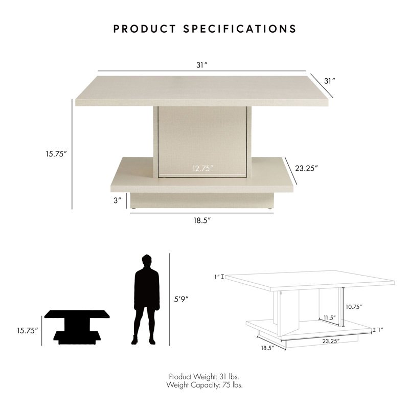 Table basse à piédestal avec rangement Stallard, Crème, crème, H 15,75 po x l 31 po x P 31 po