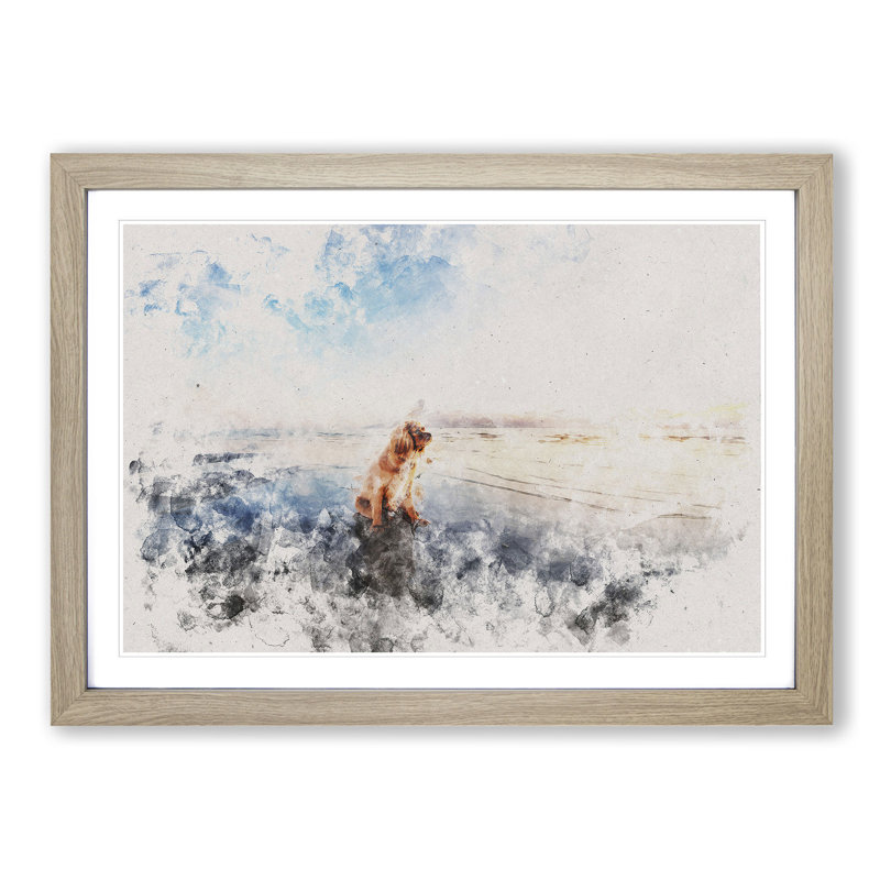 King Charles Spaniel upon the Beach - Picture Frame Painting Print, Oak Framed, 62cm H x 87cm W x 2cm D