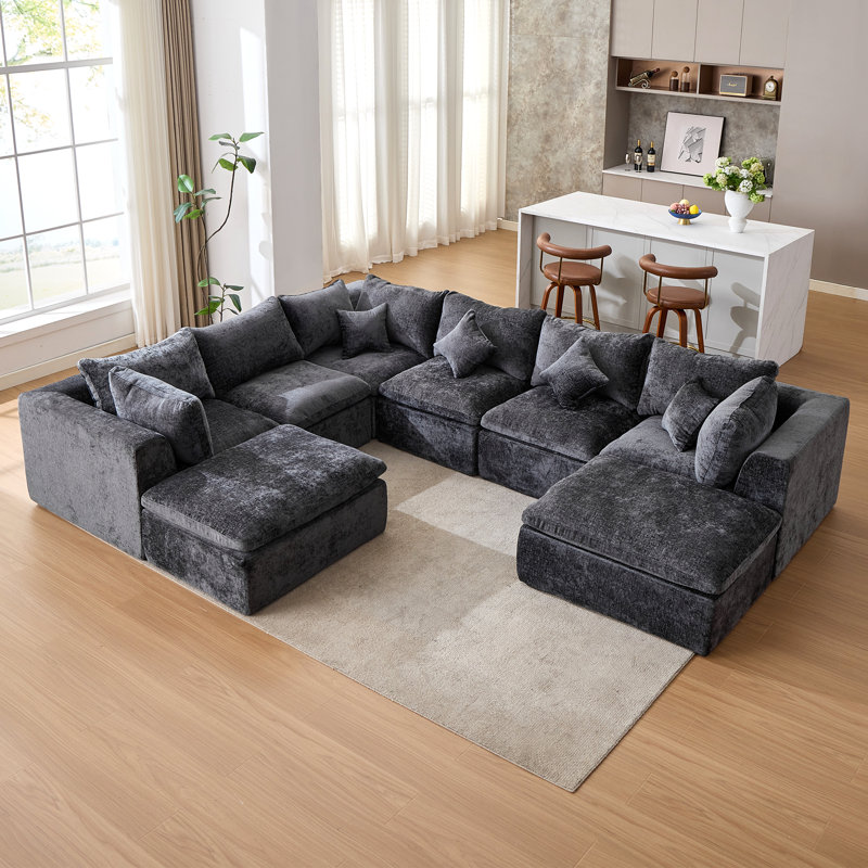 8-Piece Modular Compression Upholstered Sectional Sofa, 25.6" H x 145" W x 113" D, Gray Chenille