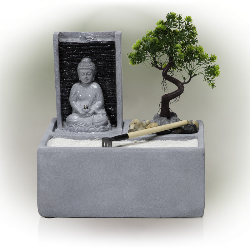 Gray Cement Buddha Bonsai Garden Tabletop Fountain with LED Light