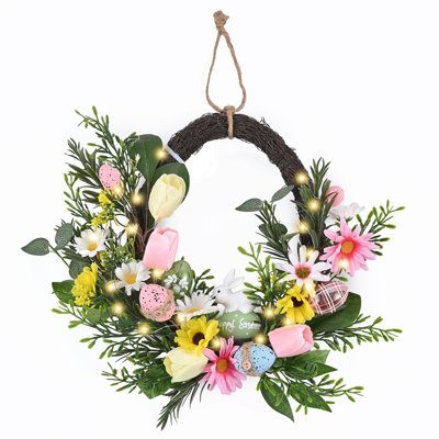  Couronne de Pâques 16 po en plastique pour décoration de porte d'entrée, de porche et de fenêtre, décoration mignonne de lapin à thème de Pâques avec couleurs printanières