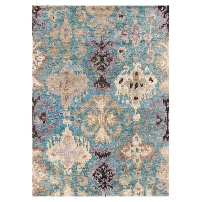 Tapis turquoise en jute / sisal noué à la main Ikat, Rectangle 8 pi 6 po x 11 pi 6 po