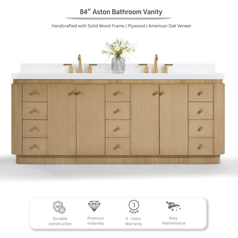 Ensemble de meuble-lavabo 84 po Aston au fini chêne américain avec plateau en quartz blanc alpin, 84 pouces, Chêne naturel