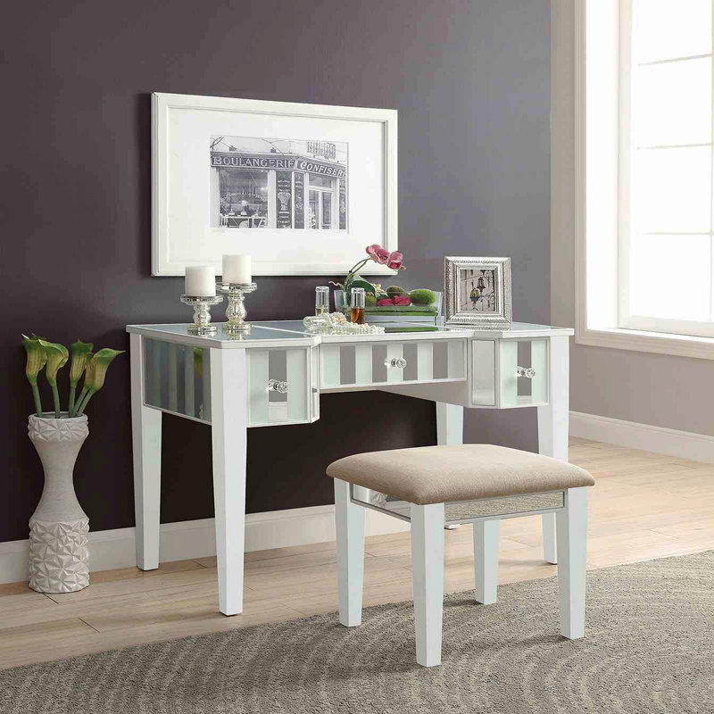Transitional Style  1pc Vanity W/ Stool Set Core Design Storage Drawers Central Mirror Padded Stool White Finish Bedroom Furniture