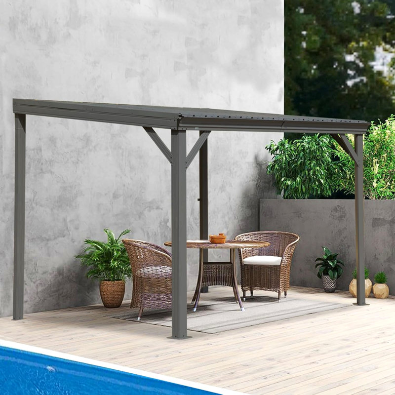 8' X10' Lean To Gazebo With Upgraded Drainage System, Wall Mounted Gazebo Hardtop Galvanized Steel Sloping Roof For Patio Deck Backyard Lawn Party(Gray)