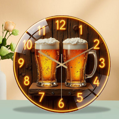 Vintage Neon Beer Clock Decor with Two Beer Mugs Art - 12'' Modern Glass Wall Clock