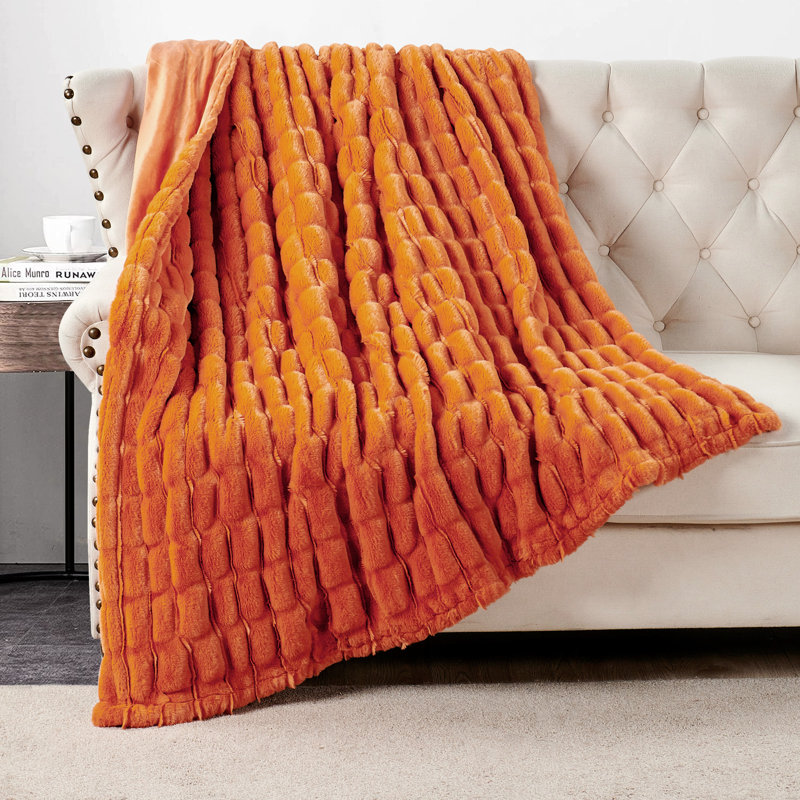  Jeté en fausse fourrure extensible, Orange brûlé, L 50 po x L 60 po