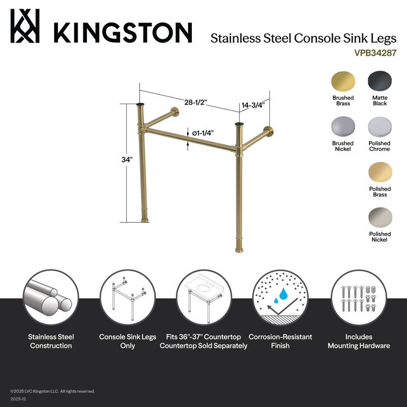 Kingston Brass Fauceture Stainless Steel Console Sink Legs, Polished Brass