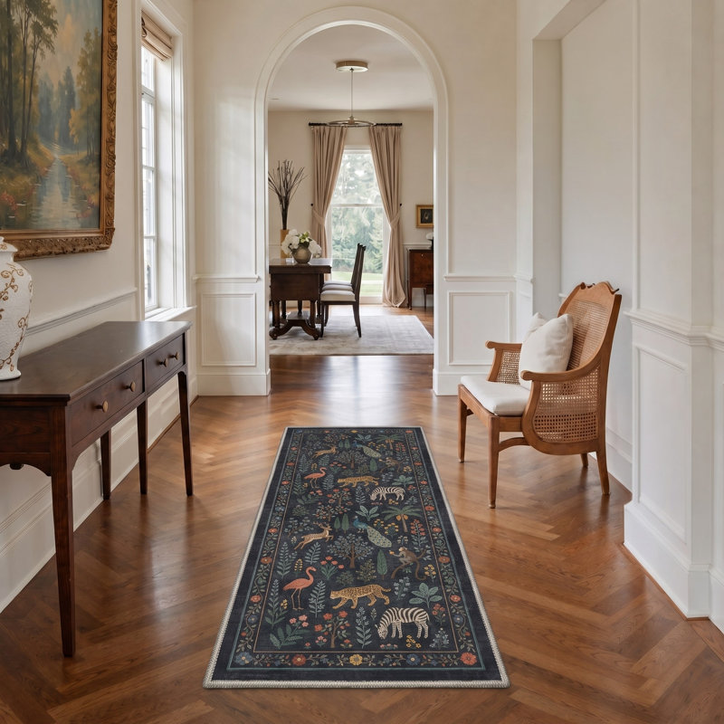 Tapis de couloir noir à imprimé animal lavable à la machine avec envers antidérapant, Runner 2' x 7'