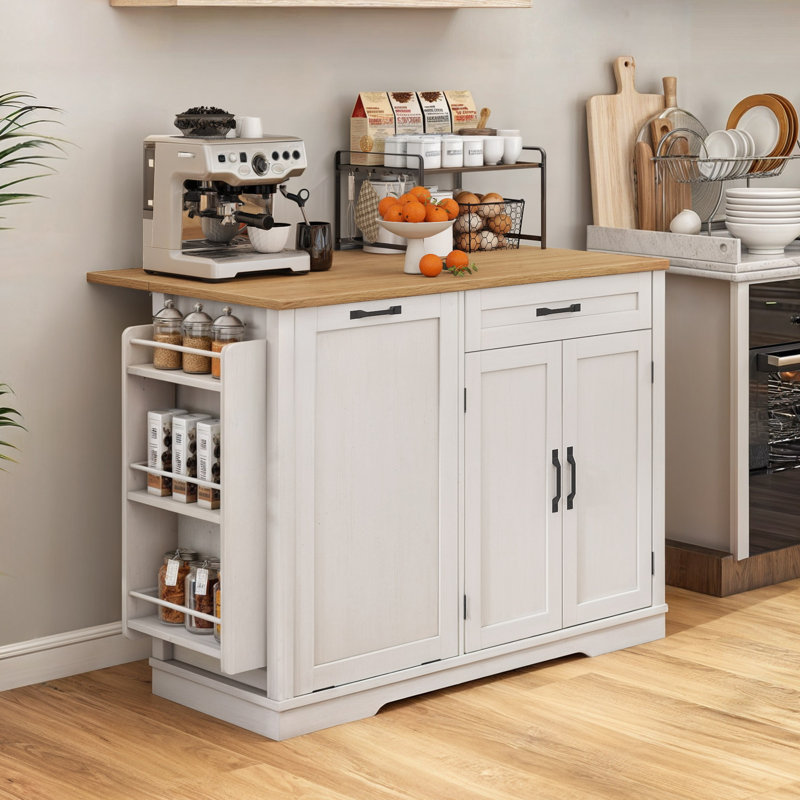 Rolling Kitchen Cart Island with Foldable Tabletop & Trash Can Storage, White