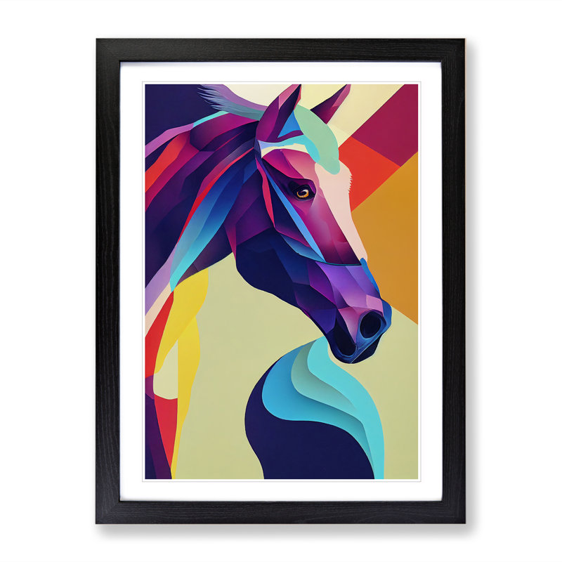 XV1022-1595X Colourful Horse No.1 Abstract 1 Piece Single Picture Frame Wall Art, 64cm H x 46cm W, Black