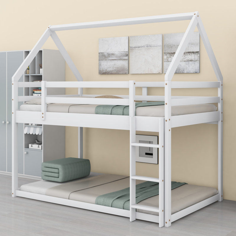 Low House Bunk Bed with Integrated Ladder, White