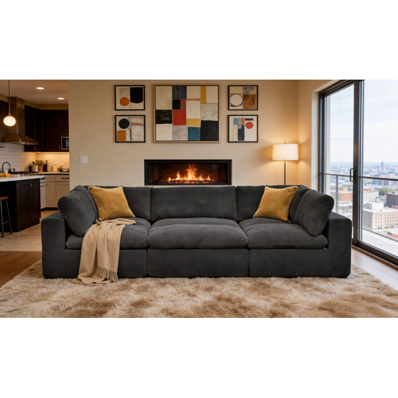 Grain de café modulaire entièrement rembourré avec coussins décoratifs, Mélange de polyester gris foncé