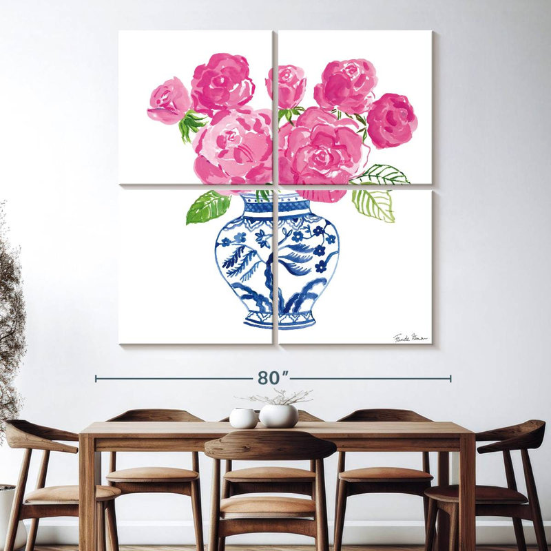 Harnek chinoiserie roses sur fond blanc I, H 74 po x l 74 po