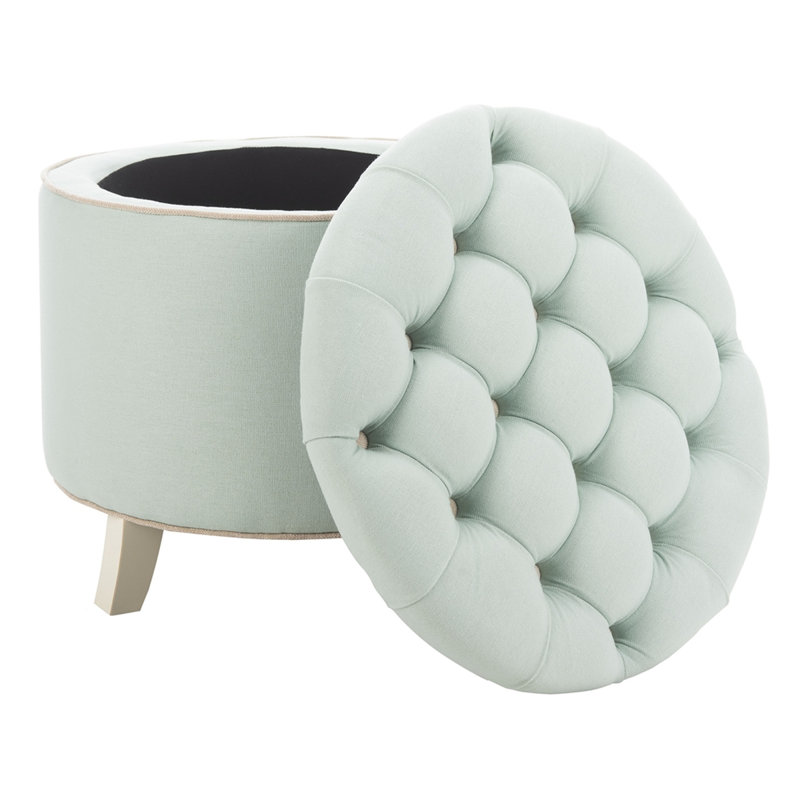 Alethea Velvet Tufted Round Solid Colour Ottoman with Storage, Blue Linen