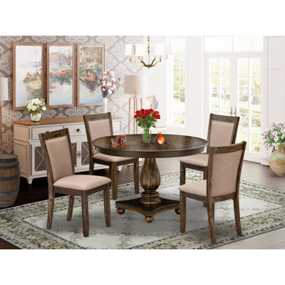 5 Piece Kitchen Table Set for 4 Includes a Round Dining Room Table with Pedestal and 4 Dark Khaki Linen Fabric Parsons Dining Chairs, Distressed Jacobean