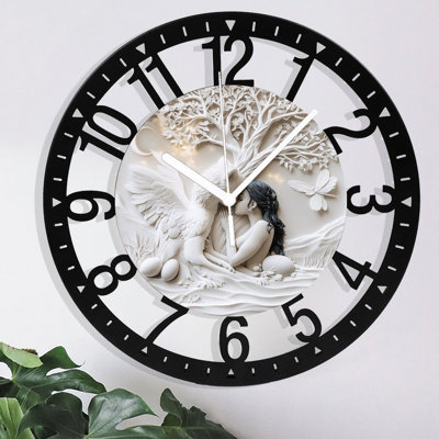 Metal Wall Clock for Living Room -10" Woman Winged Creature Embrace Tree Silent Non Ticking,Battery Operated, Antique Clocks for Farmhouse,Bedroom,Kitchen - Arabic Numerals