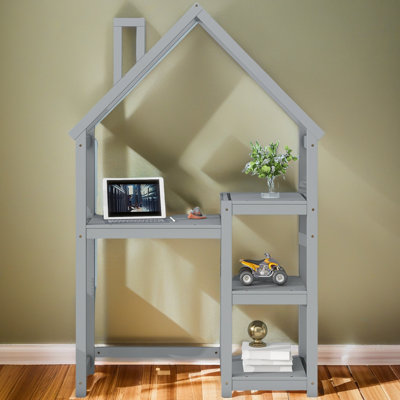 Bureau en bois en forme de maison, table d'étude pour enfants, bibliothèque et rangement pour jouets