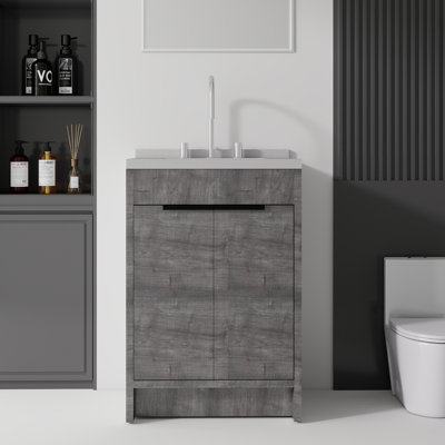 Meuble-lavabo autoportant de 61 cm (24 po) en contreplaqué avec lavabo en céramique, comptoir et dosseret en marbre reconstitué, 2 portes à fermeture amortie, gris