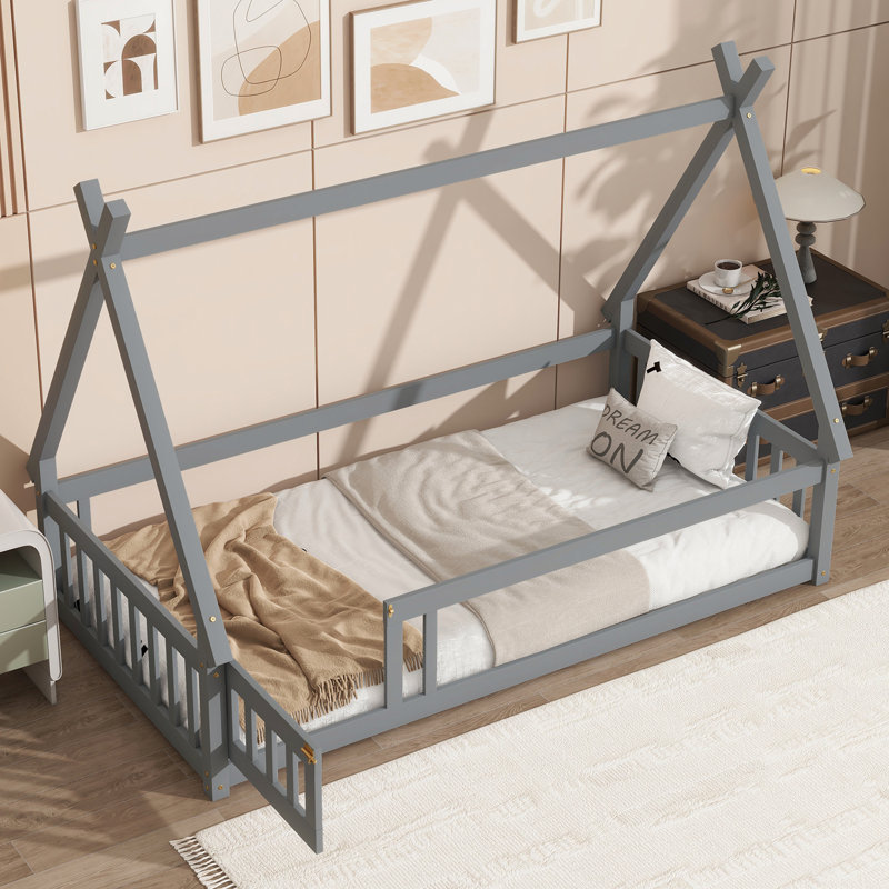 Wood Tent-shaped Floor Bed,Teepee Bed, Grey, Twin