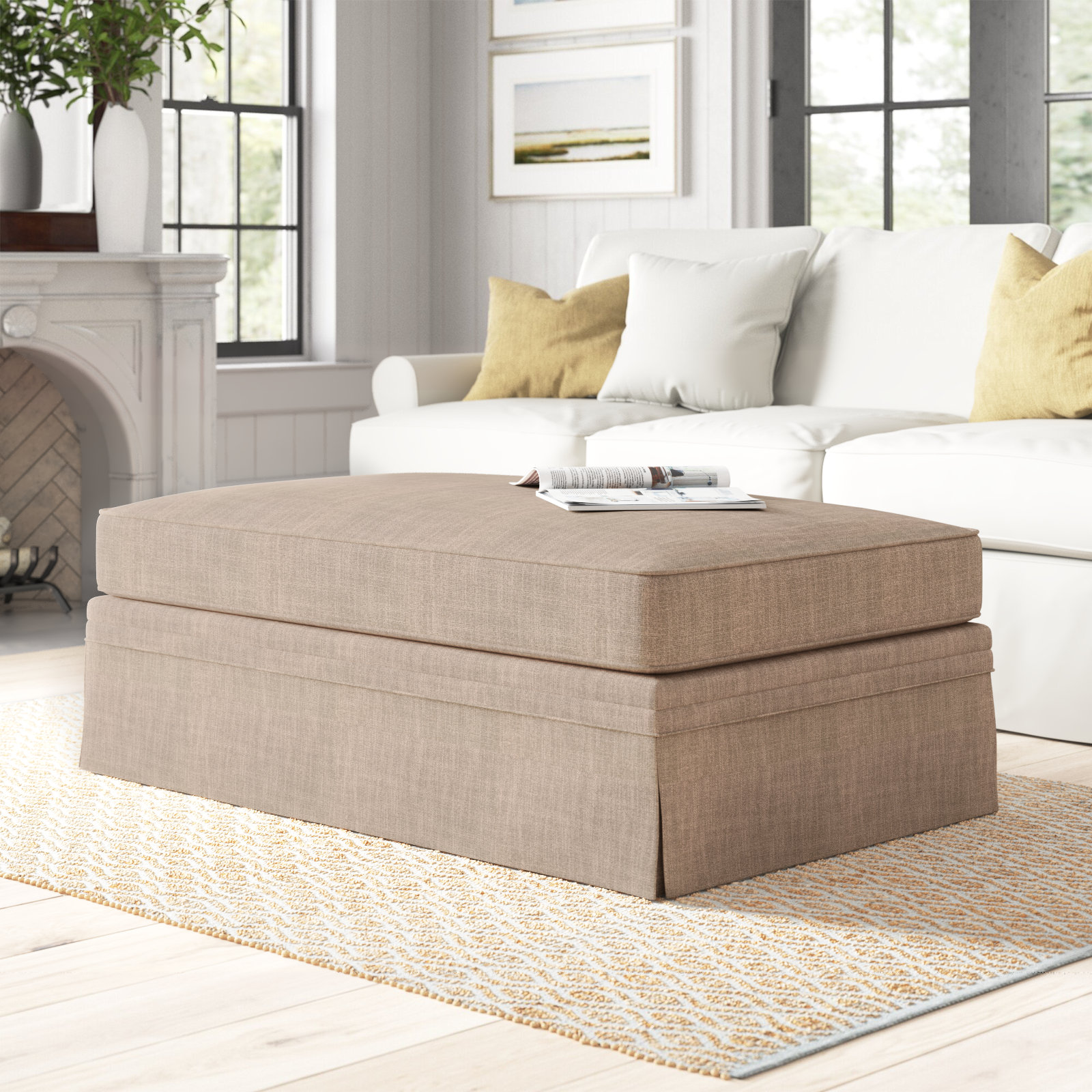 Shelby 47" Cotton Ottoman, Conversation Linen Basketweave