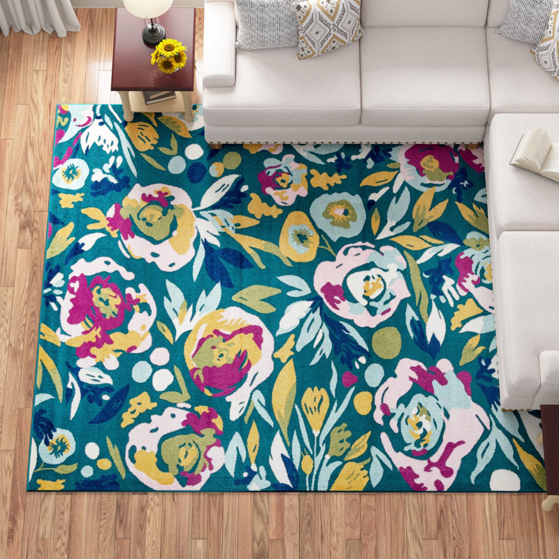 Holle Floral Area Rug, Square 7'10", Teal/Yellow/Pink