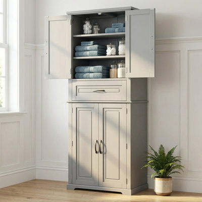 Grey Bathroom Storage Cabinet With Multi-Functional Storage, Slide Rail Drawer & Adjustable Shelf
