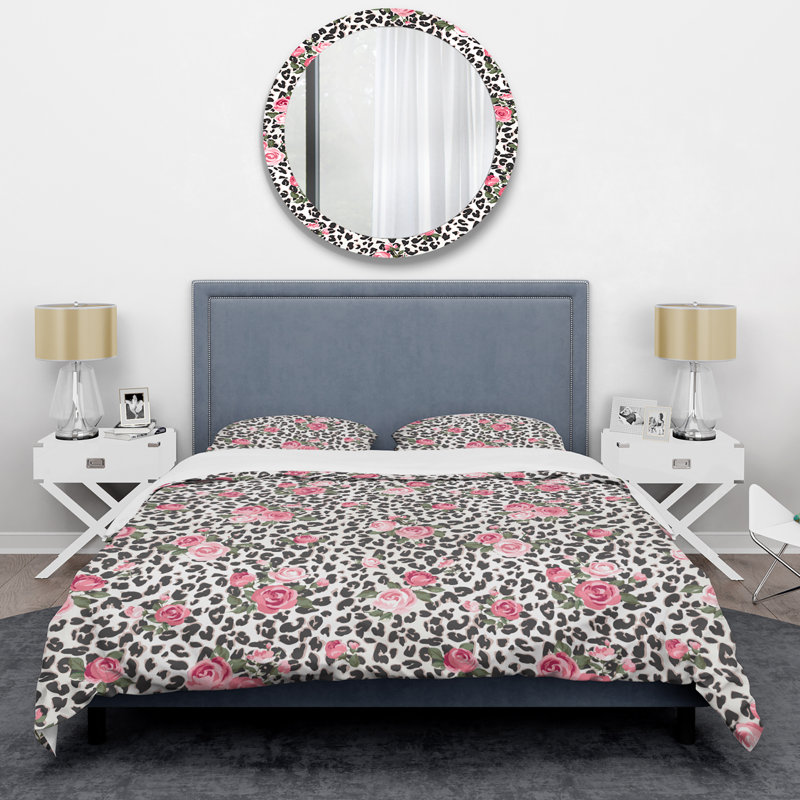 Feuille noire et roses roses - Ensemble de housse de couette floral - Polyester en microfibre