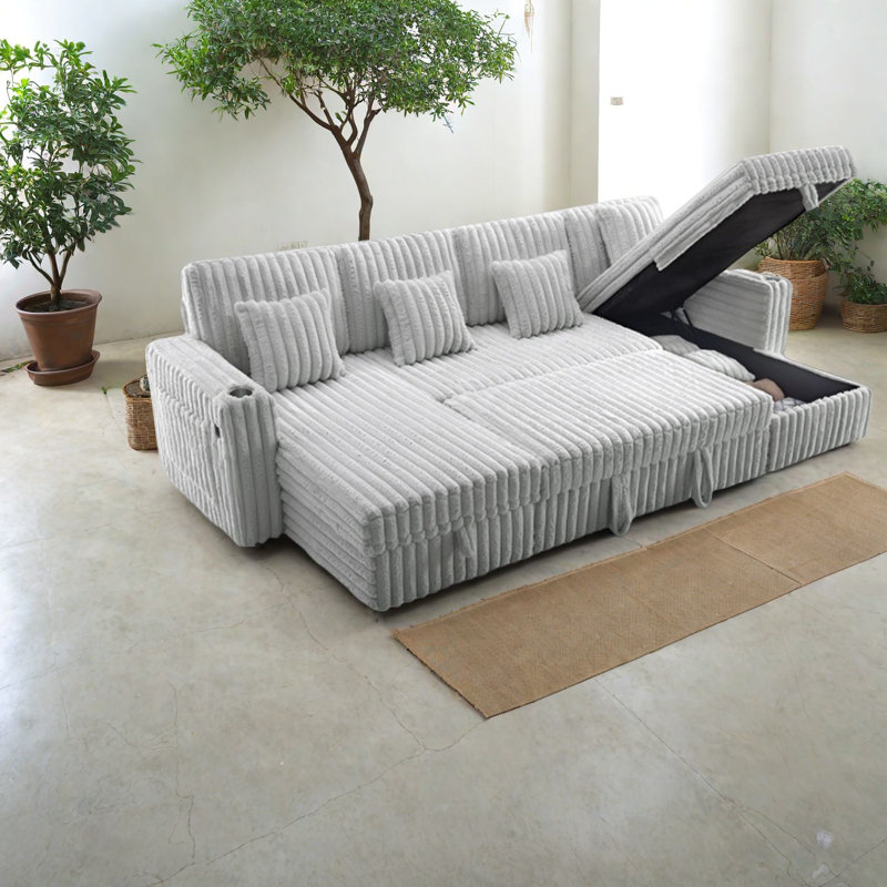 Canapé modulaire multifonctionnel en velours côtelé avec rangement, gris clair, style de vie moderne