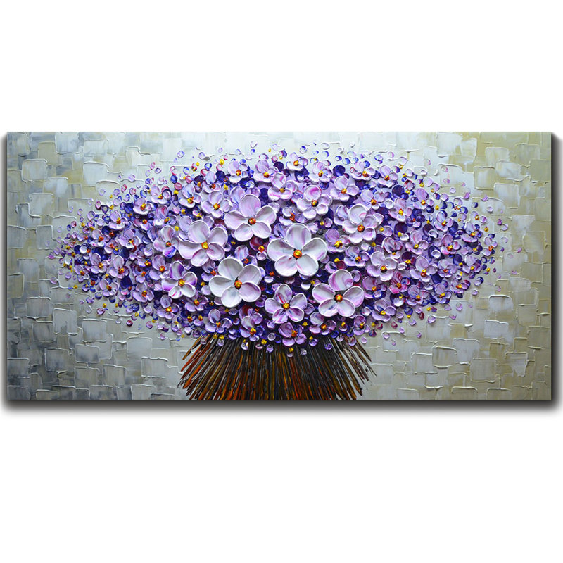 Modern Canvas Art Textured Purple Flower Oil Painting Contemporary Artwork Floral Hangings Stretched And Framed Ready To Hang Wall Decoration Abstract Painting