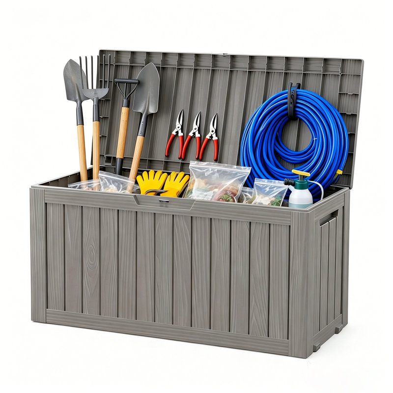 75 Gallon Outdoor Deck Box, Weather-Resistant Resin Storage Box with Lockable Design, Built-in Handles & Rollers for Patio Cushions, Garden Tools & Pool Supplies