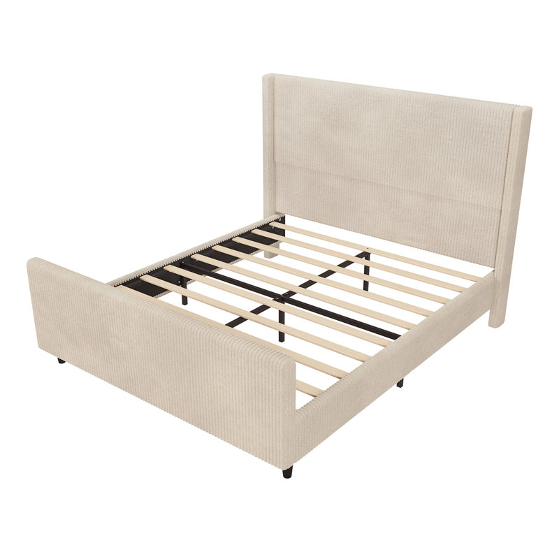 50.7'' High Headboard Corduroy Upholstered Bed Frame With Vertical Stripe Wingback And High Footboard No Box Spring Needed